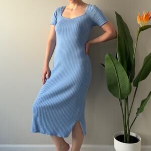H&M Divided Light Blue Ribbed Midi Dress Slit Sides Short Sleeve Sweetheart EUC